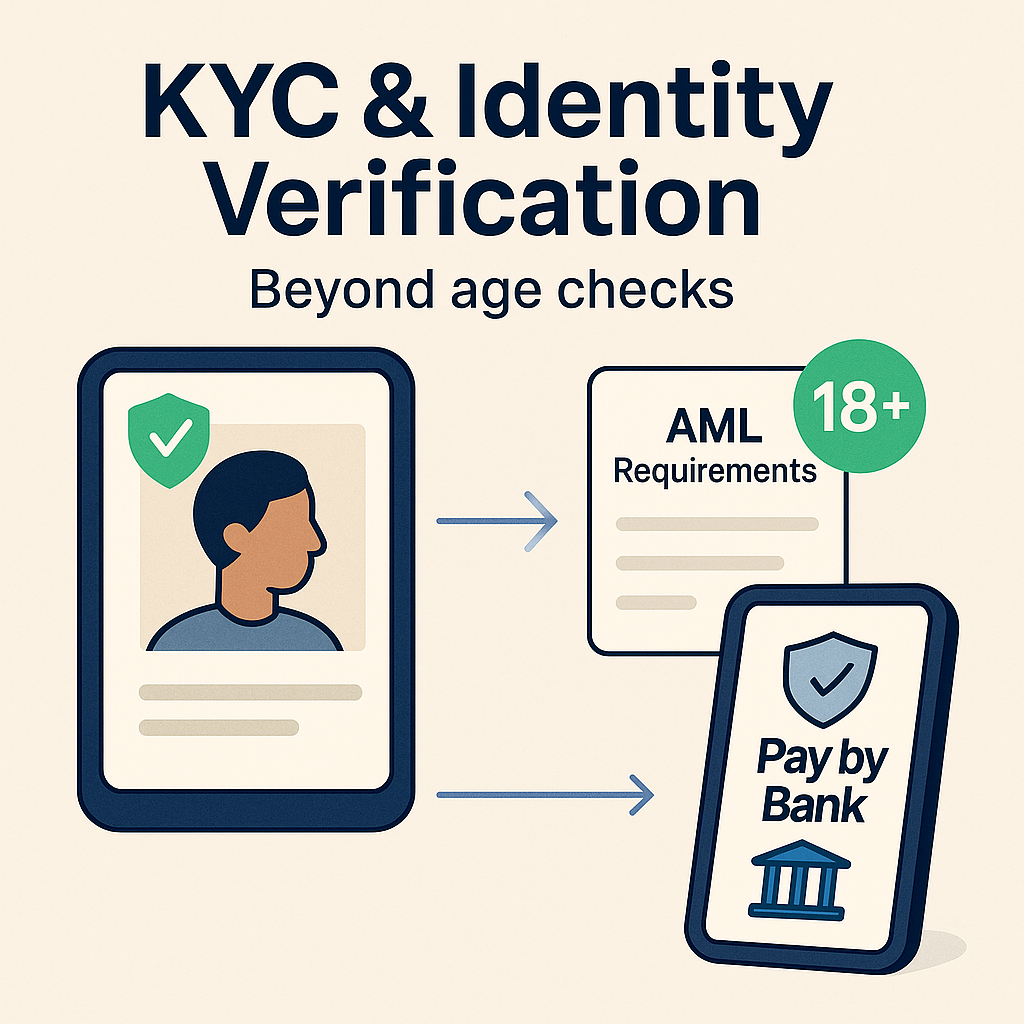 KYC and identity verification illustration showing a digital ID check, AML requirement document, and Pay by Bank verification, highlighting compliance beyond age checks for UK peptide sellers.