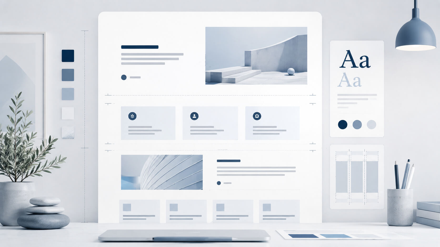 Website layout concept showing spacing typography and content blocks arranged with clear visual rhythm in a clean blue-grey style.