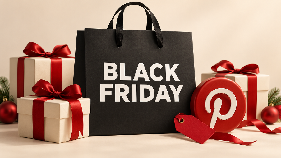 Black Friday shopping bag and gift boxes with Pinterest logo representing ecommerce advertising during Q4 2026