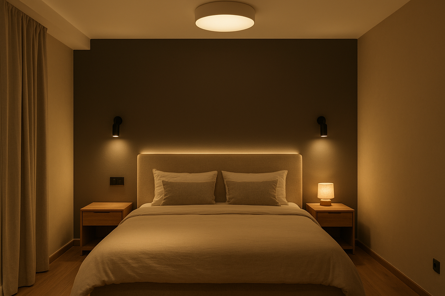 Спальня с несколькими сценариями освещения: общий свет, бра и декоративная подсветка