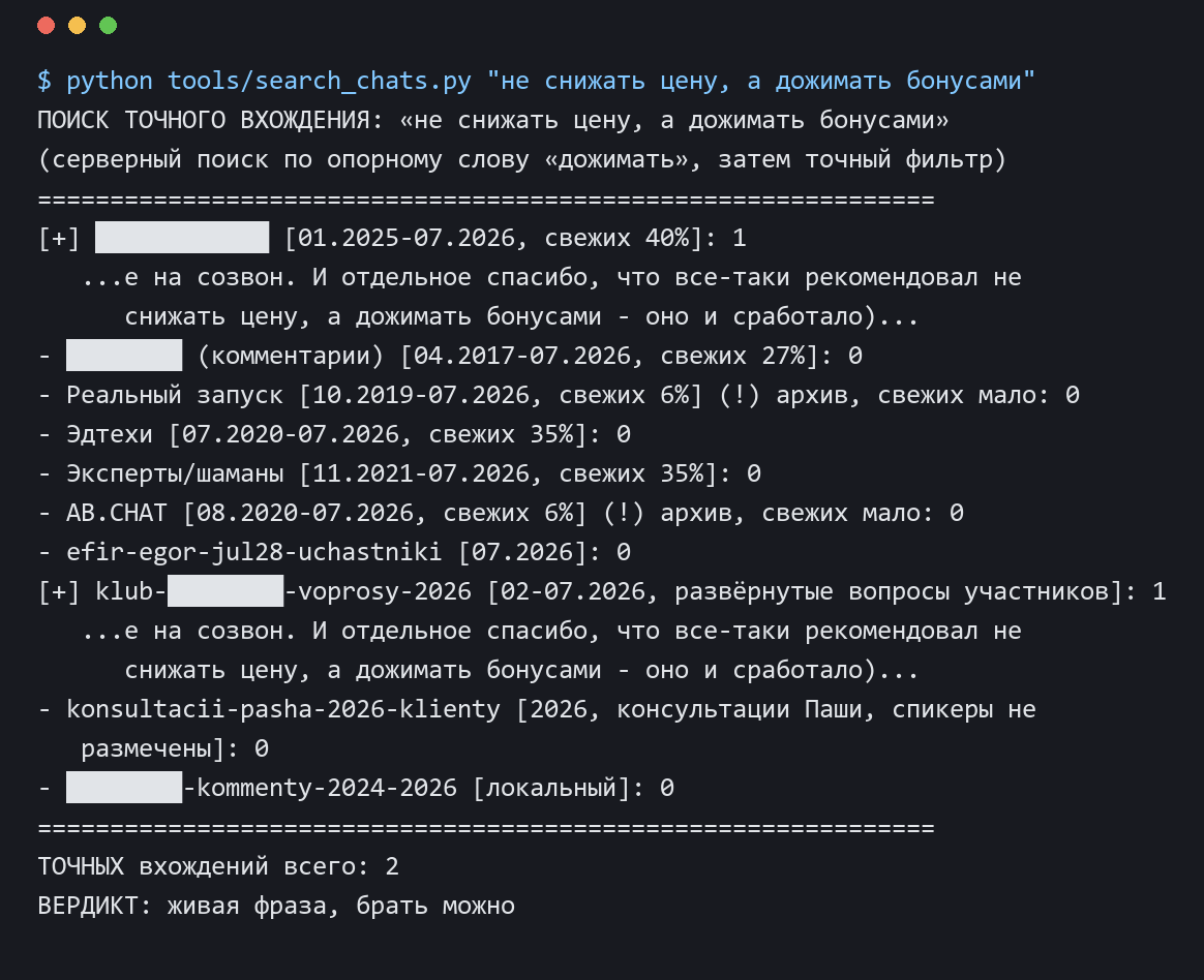 Скрин поиска по чатам аудитории: фраза про то, чтобы не снижать цену и дожимать бонусами, найдена, 2 вхождения