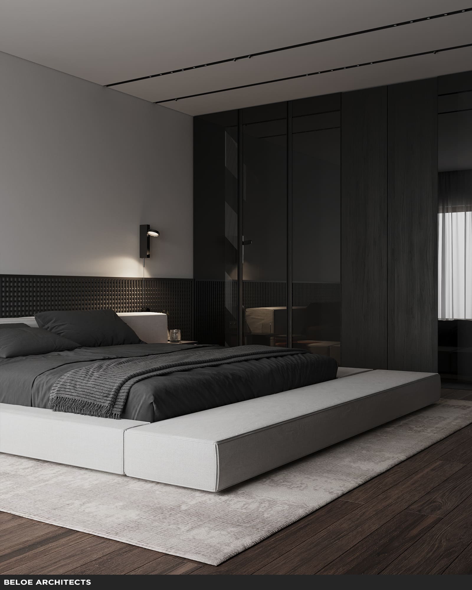Дизайн-проект современной спальни в Раменки Москва в стиле минимализм от студии beloe architects