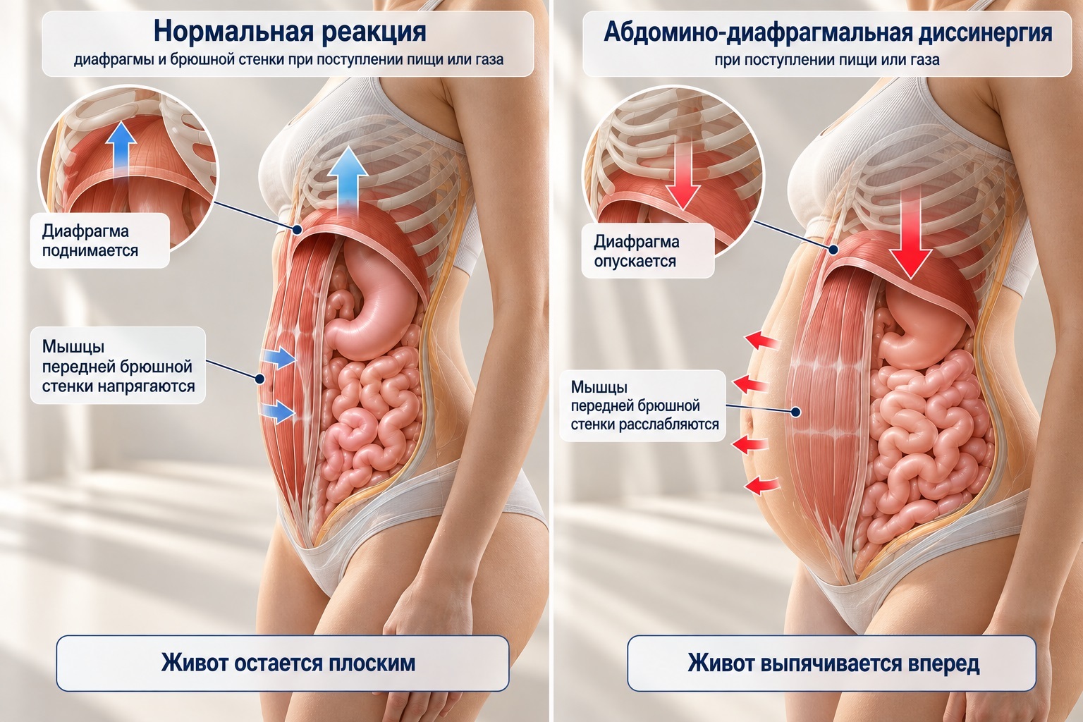 Нормальная реакция и абдомино-диафрагмальная диссинергия: диафрагма опускается, живот выпячивается вперед