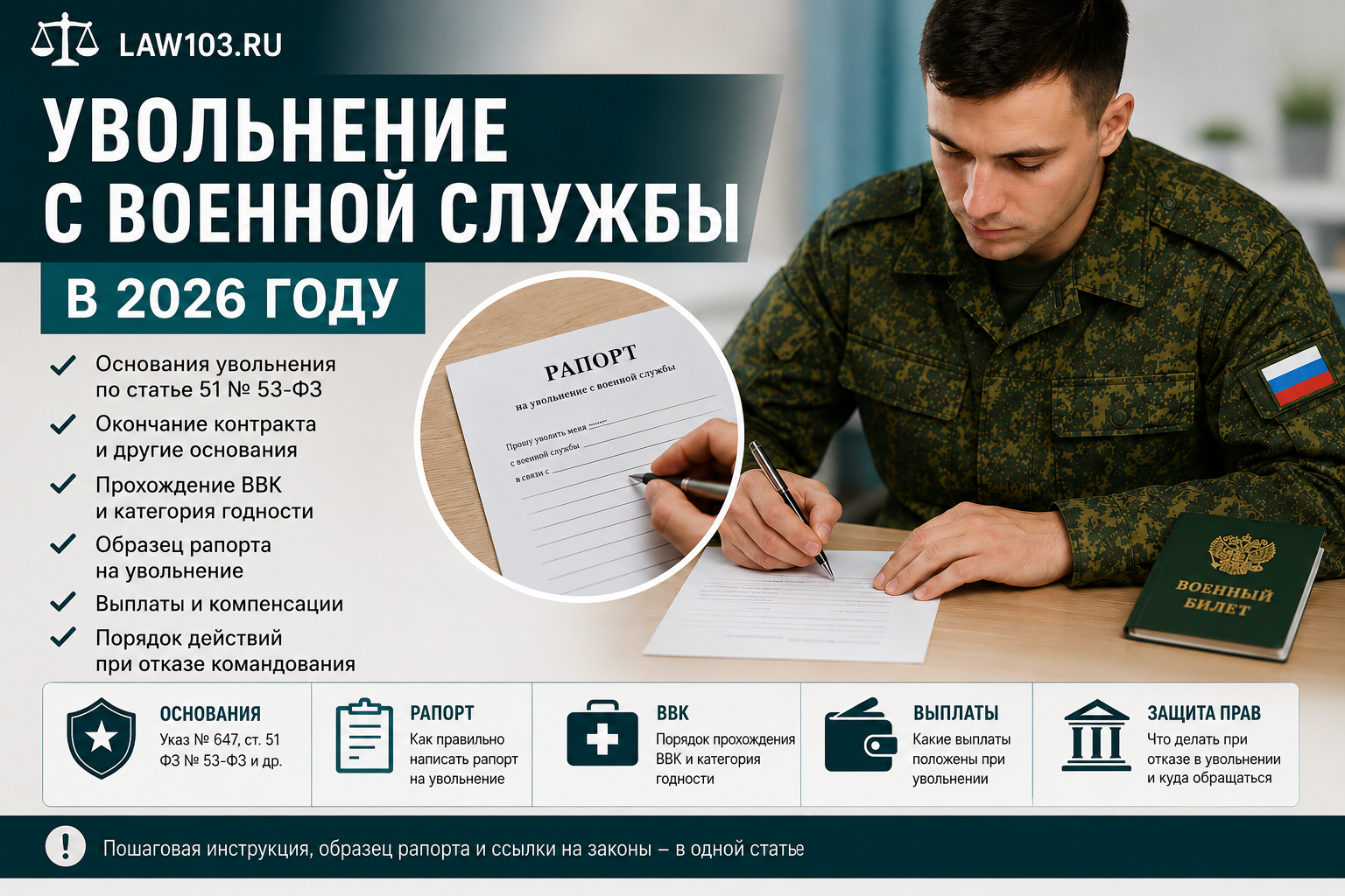 Увольнение с военной службы в 2026 году: основания увольнения рапорт военнослужащего прохождение ВВК категория годности окончание контракта и выплаты.