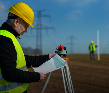 мужчина-геодезист в каске и флуоресцентном жилете проверяет документы рядом с тахеометром - прибором для получения информации для создания топографических карт