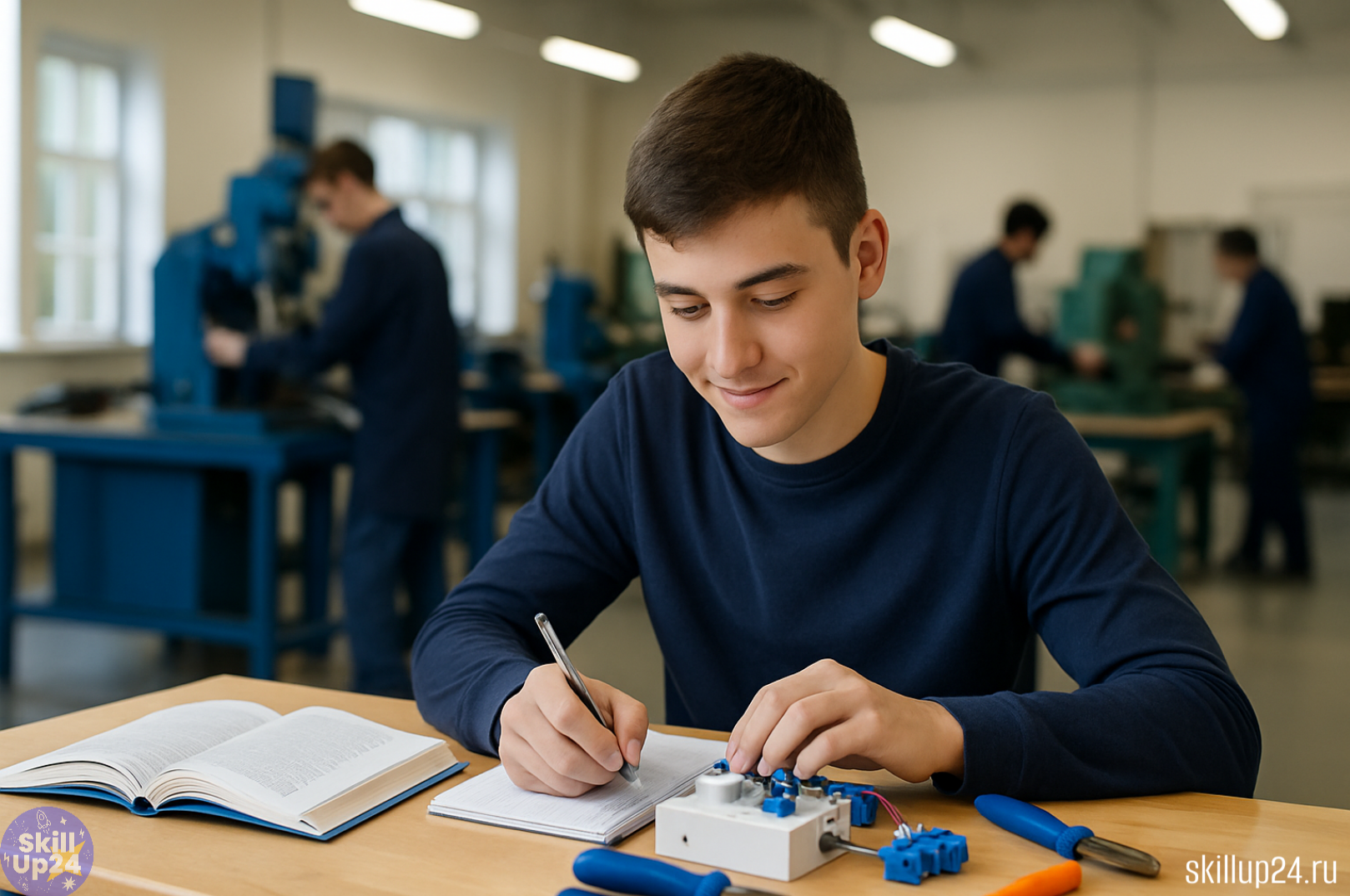 Подросток 15–17 лет обучается рабочей профессии в современной мастерской колледжа: практическое занятие, инструменты на столе, спокойная и вдохновляющая атмосфера профессионального обучения для школьников, не сдавших ОГЭ. Фото для статьи онлайн школы Skil