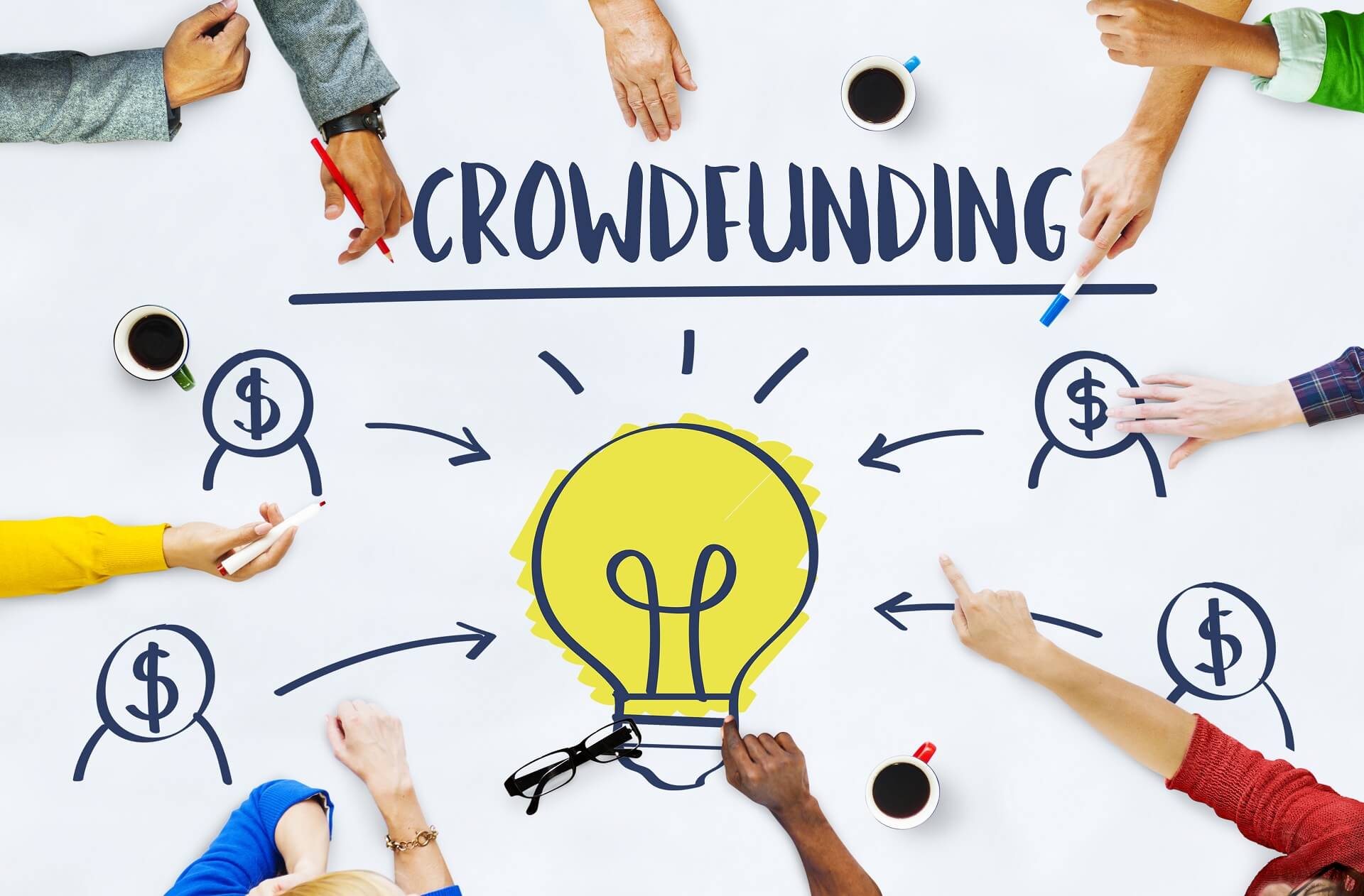 Drawn hands reaching out with dollar icons in circles towards a light bulb and the word “crowdfunding”.