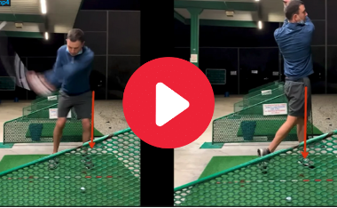 example of a golf athlete practicing a drive in a studio