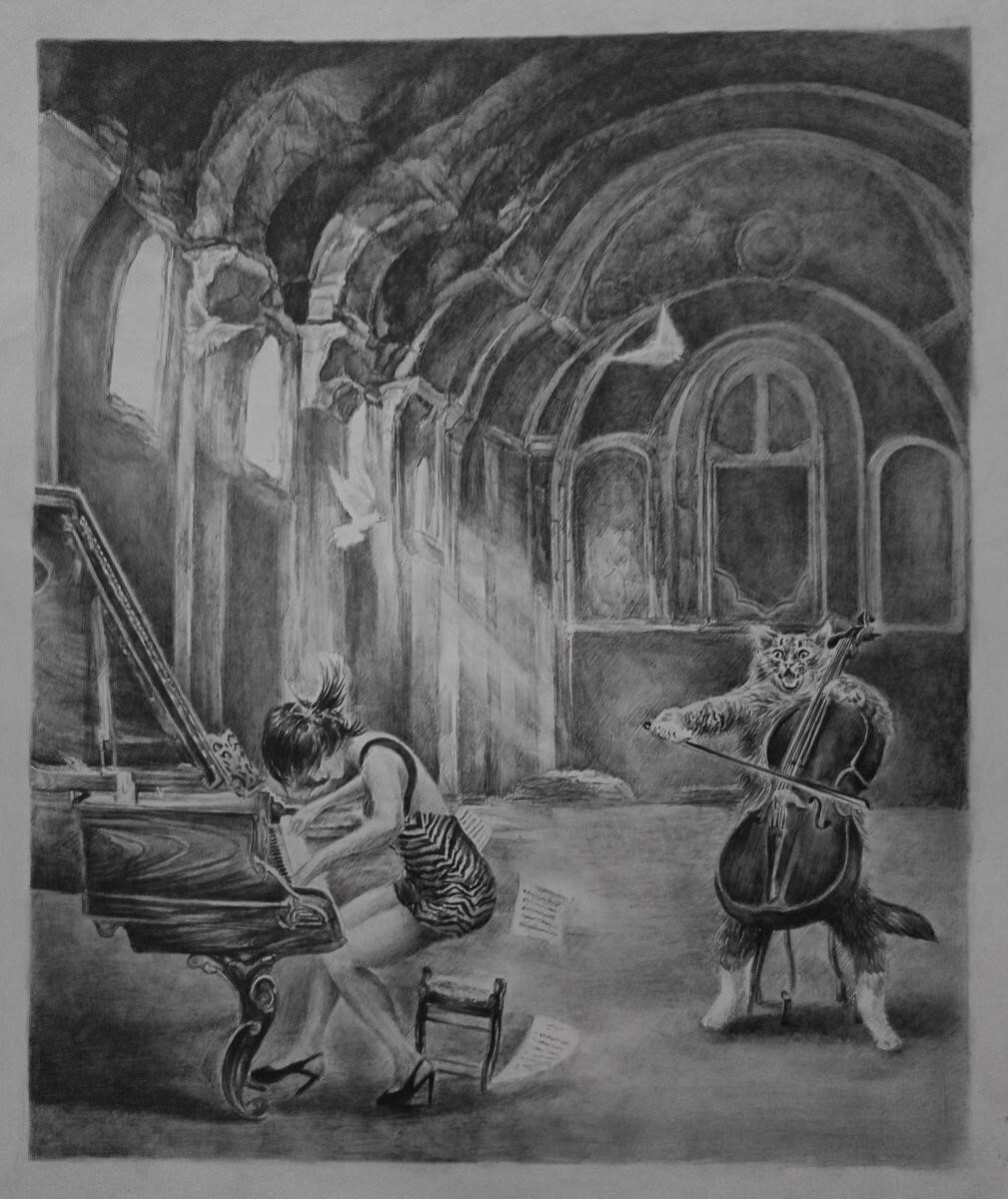 Пианистка, кот играет, купить картину, рисунки, графика рисунки, нарисовать рисунок, романтика, почему кошка, рисунки карандашом, виолончель, красивые рисунки, девушка пианистка, рисунки графикой, творчество, картины художников, кошка, графика купить, красивые картины, картины