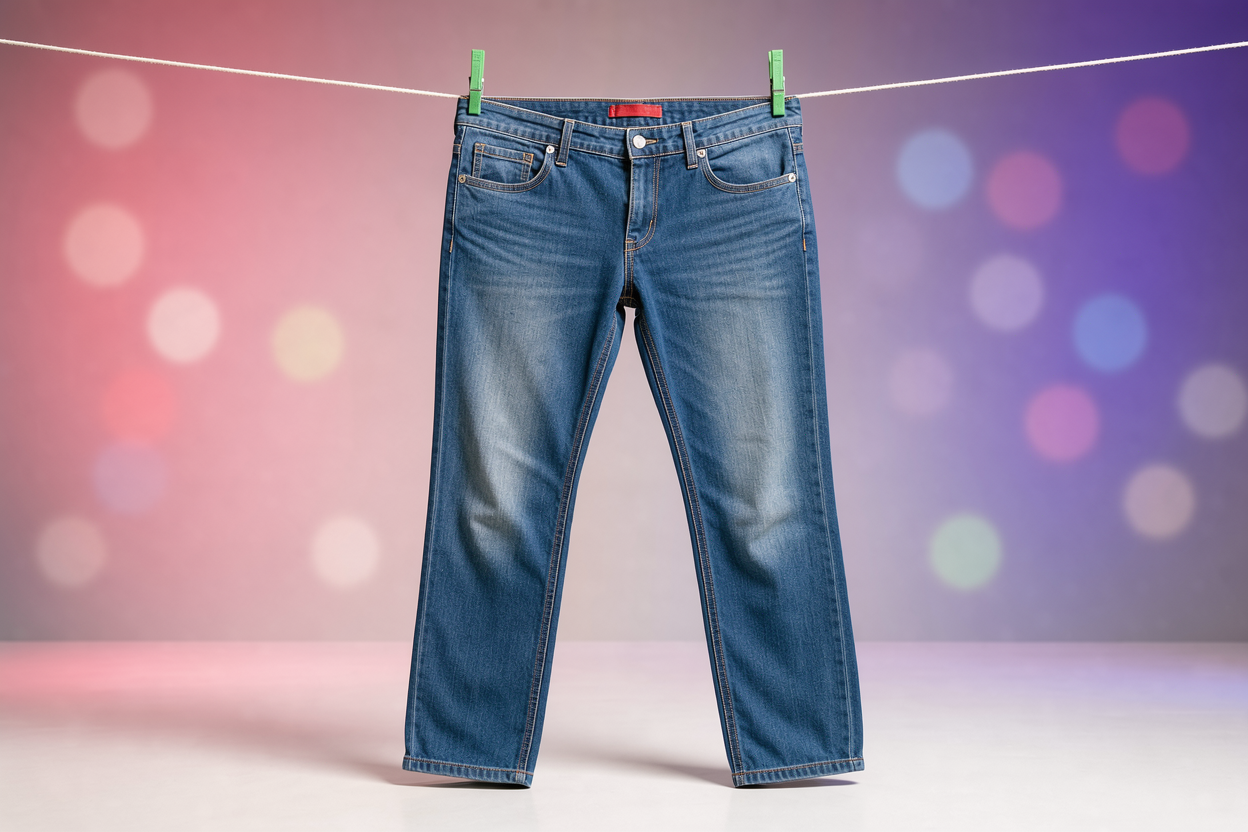 Pair of jeans air-drying on a clothesline indoors away from direct sunlight, gently reshaped and smoothed to prevent creases