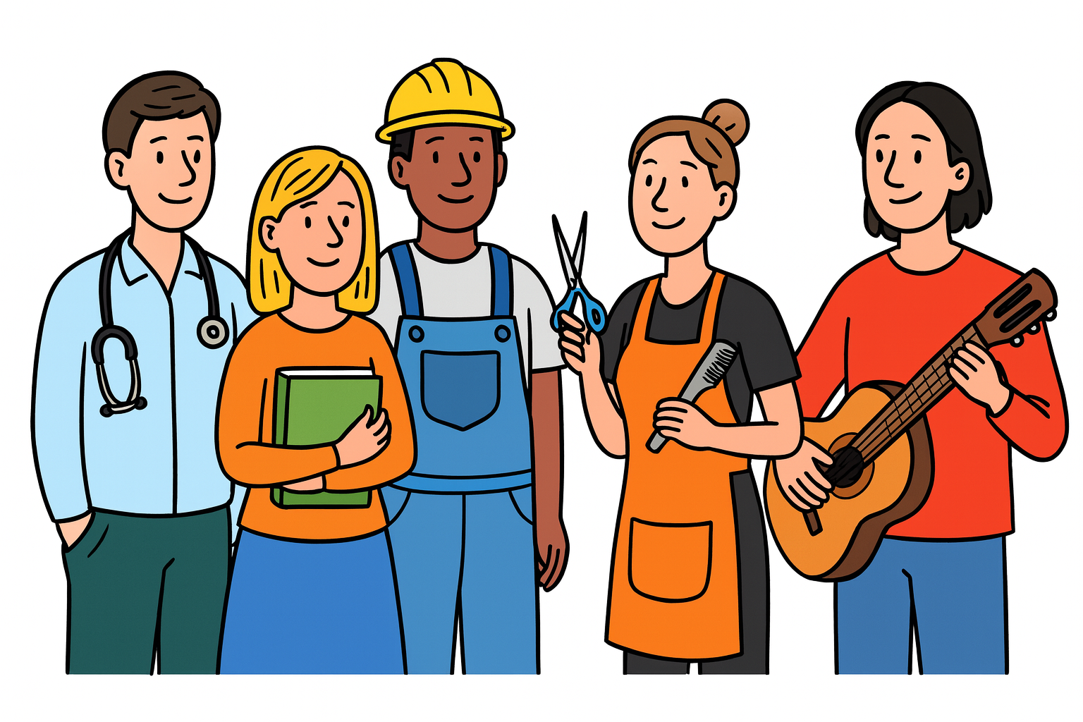 Иллюстрация в мультяшном стиле: стоят рядом пять человек разных профессий — врач с фонендоскопом, учитель с книгой, инженер со схемами, парикмахер с инструментами и музыкант с гитарой