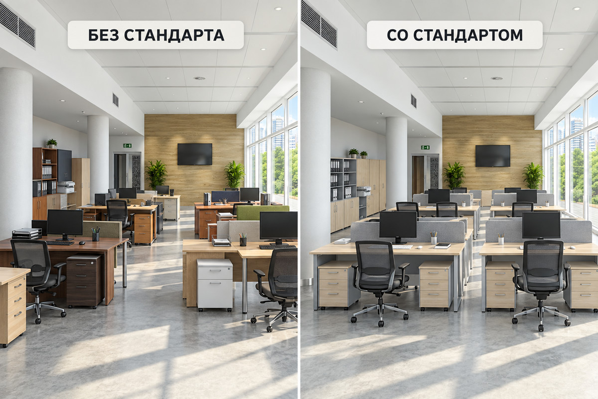 Офисная мебель без стандарта и со стандартом: разнобой столов и единые рабочие места в одном зале