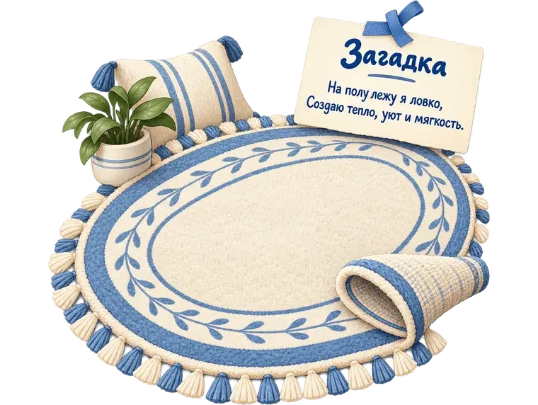 Круглый ковёр с узором и кисточками, подушка и записка-загадка для домашнего квеста