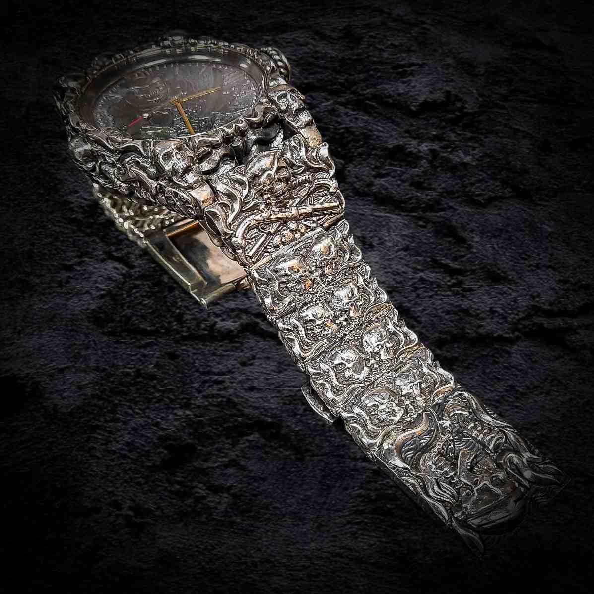 серебряные часы с черепом, байкерские серебряные часы, массивные часы из серебра