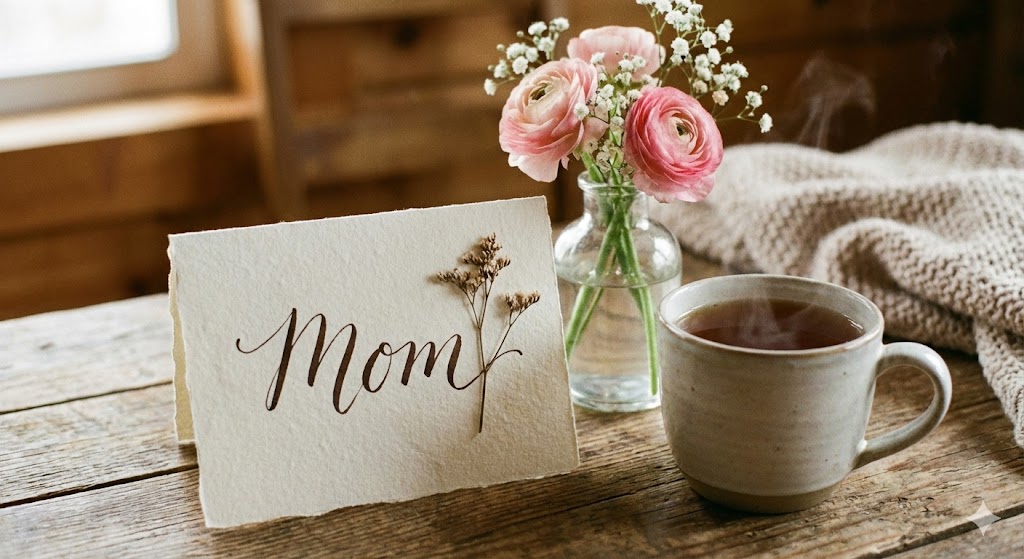 Самодельная открытка и цветы для мамы на деревянном столе 