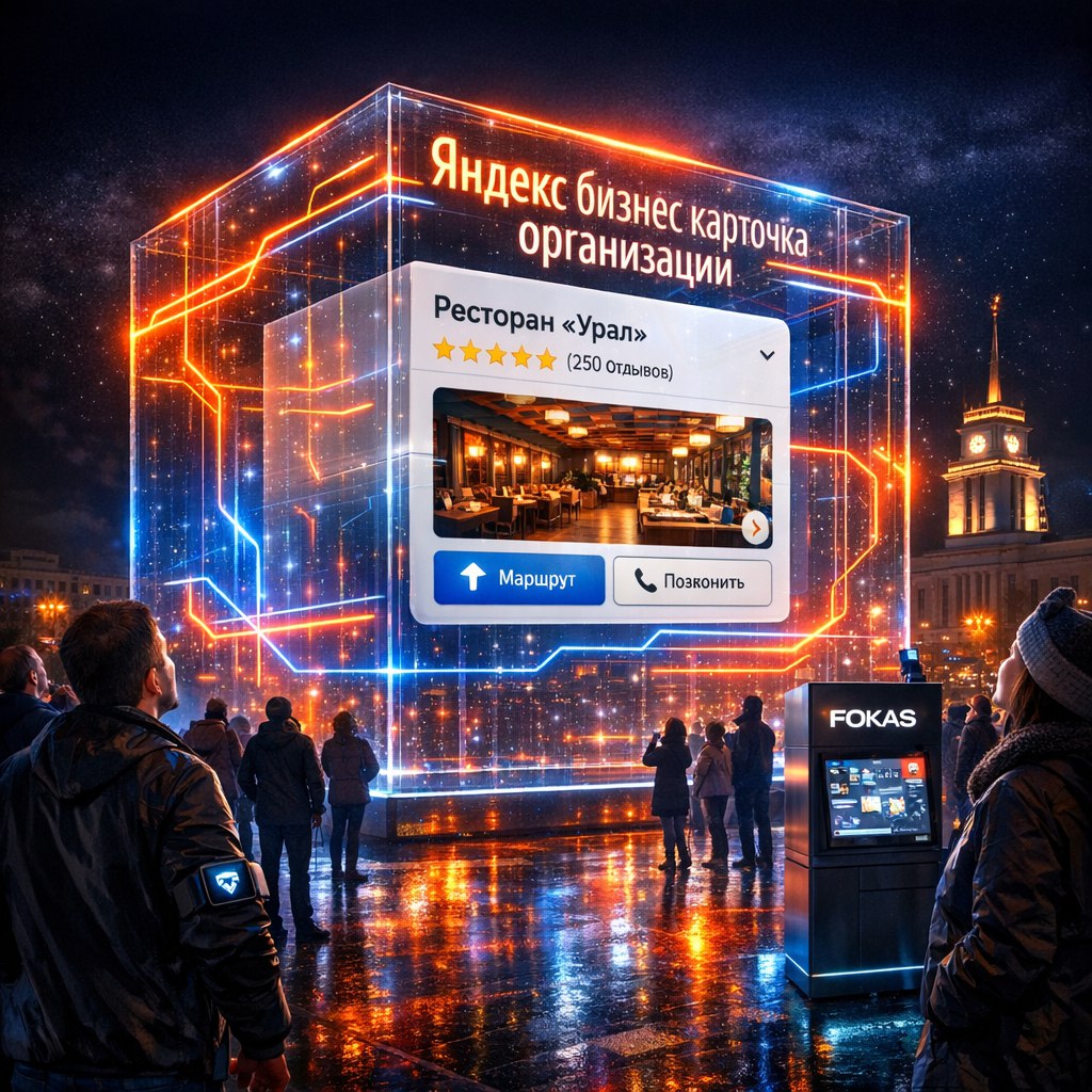 светящийся куб с карточкой организации в Яндекс.Картах в Перми