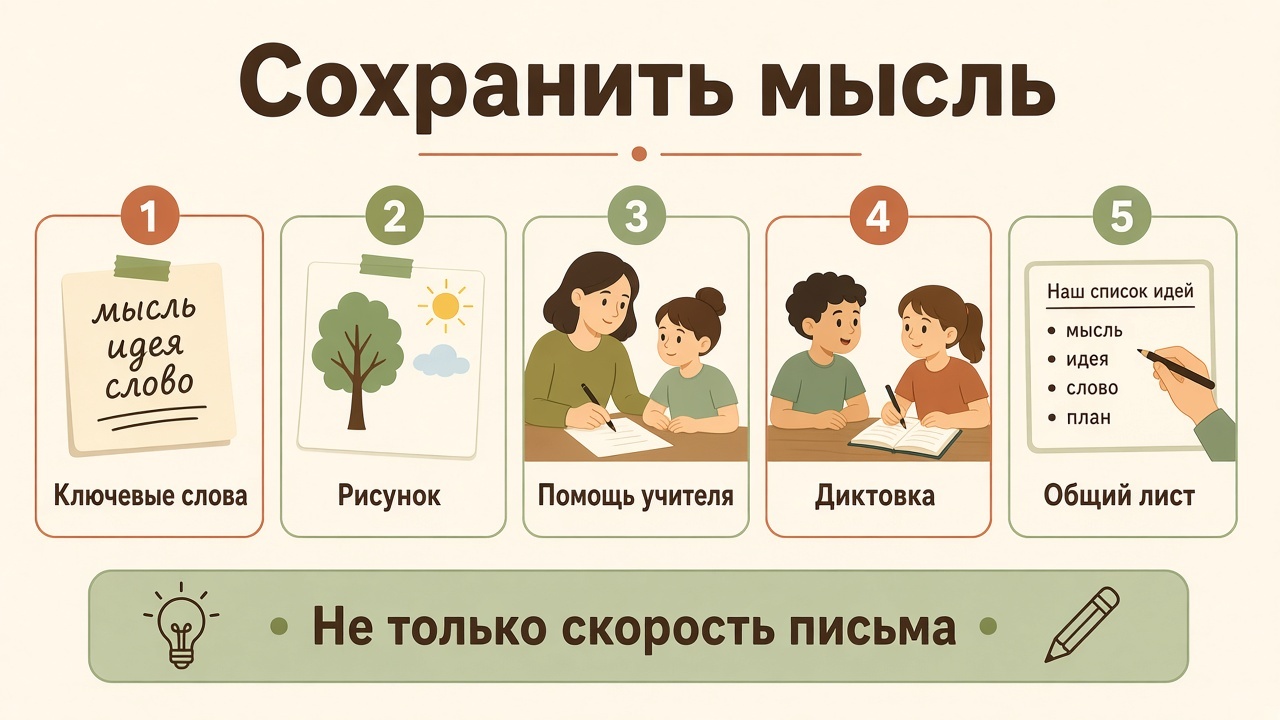 Мысль можно сохранить ключевыми словами, рисунком, с помощью учителя, диктовкой партнёру или общим листом