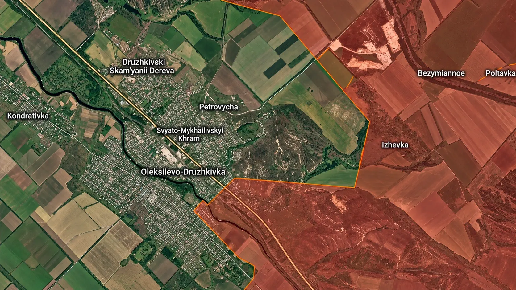 Спутниковая карта Алексеево-Дружковки, Петровки и Ижевки с обозначением зон контроля