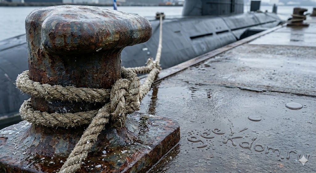 Металлический причал с влажными следами около подводной лодки