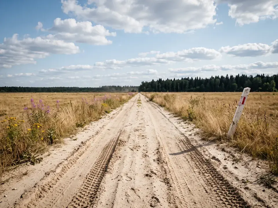 Песчаный прогон через поле к лесу, следы протектора