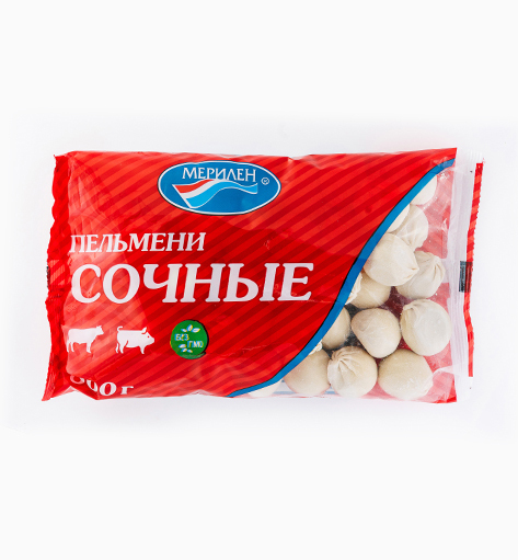 Пельмени «Сочные» от производителя Мерилен — замороженные полуфабрикаты с богатой мясной начинкой (говядина, свинина, шпик) и сливочным маслом. Упаковка: 800 гр. Нежная текстура.