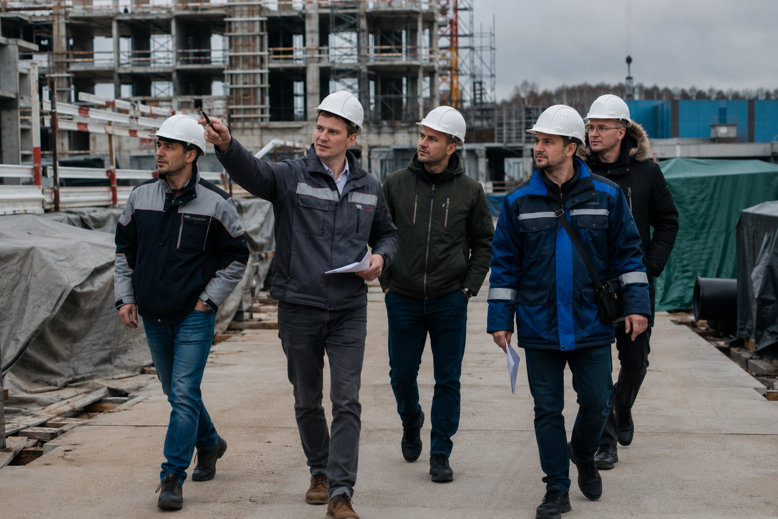 Николай Шевченко с командой на обходе строительной площадки