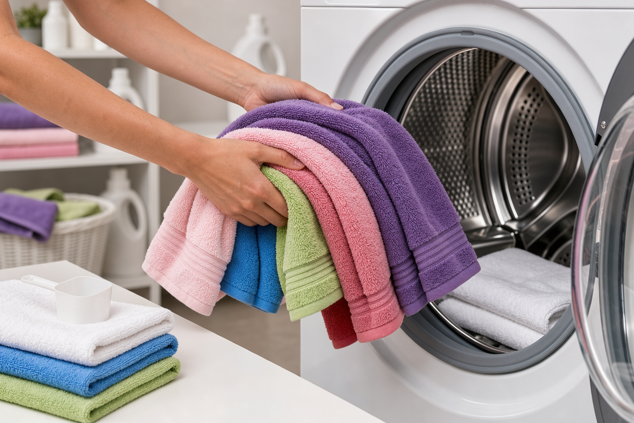 Close-up of fluffy towels being placed loosely into a washing machine drum, focus on texture and folds, natural indoor laundry setting