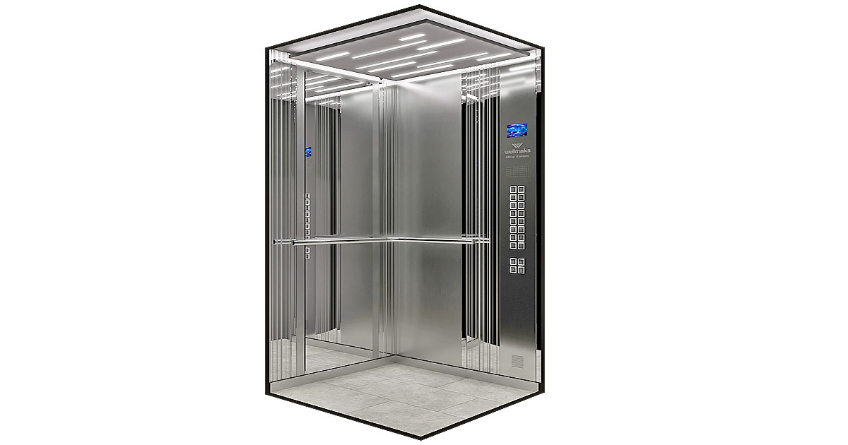Пассажирский лифт Wellmaks Pragmatic texture комфорт-класса с отделкой из нержавеющих полированных металлических вставок для административных и жилых зданий