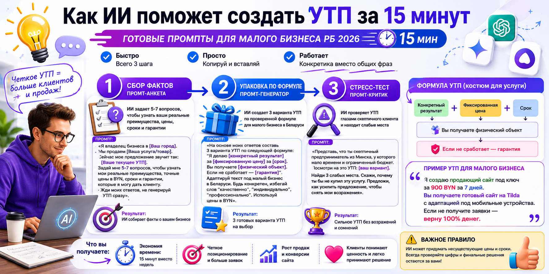 Пошаговая инструкция по созданию сильного УТП с помощью искусственного интеллекта. Инфографика показывает три этапа работы с ChatGPT, Gemini и Яндекс Алисой: сбор фактов, генерация уникального торгового предложения и стресс-тест перед публикацией.
