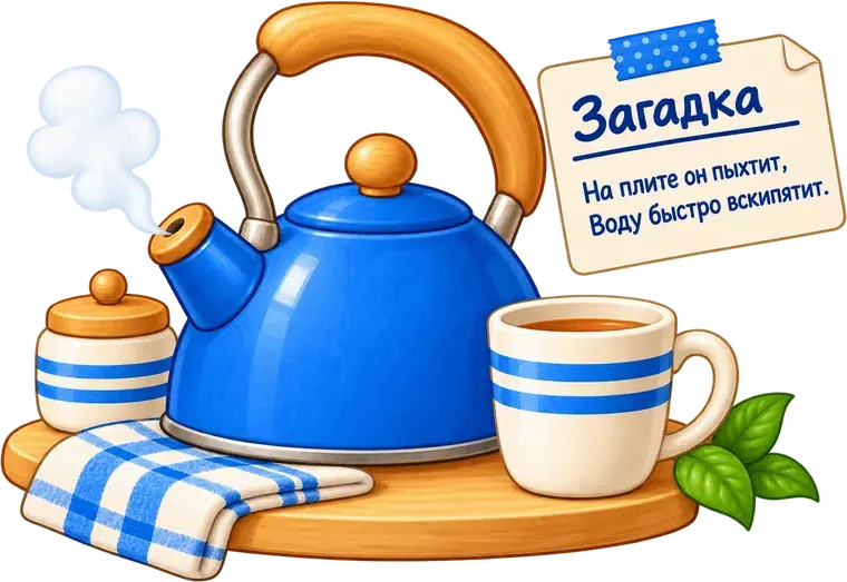 Чайник с чашкой и запиской-загадкой для домашнего квеста