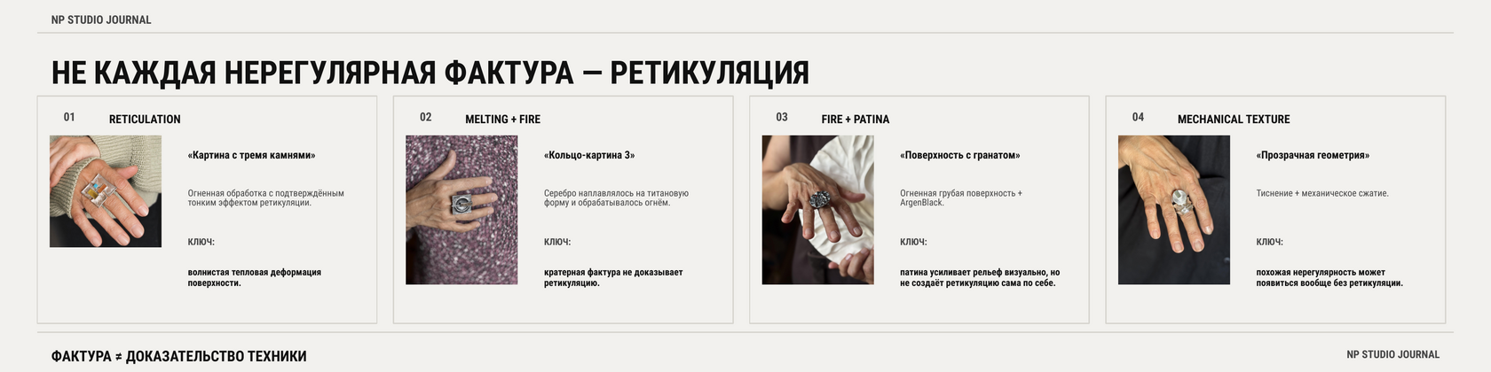 Не каждая нерегулярная фактура серебра является ретикуляцией — сравнение четырёх NP Studio работ
