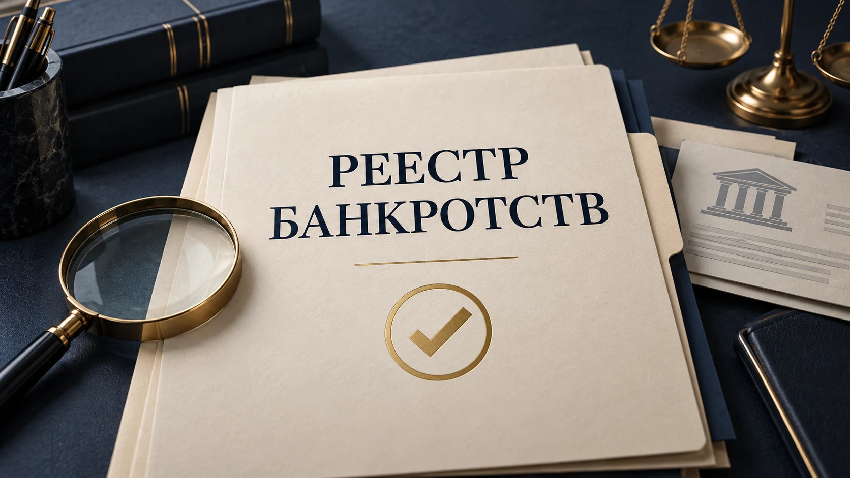 Концептуальная обложка: папка и лупа для проверки публикаций в реестре банкротств