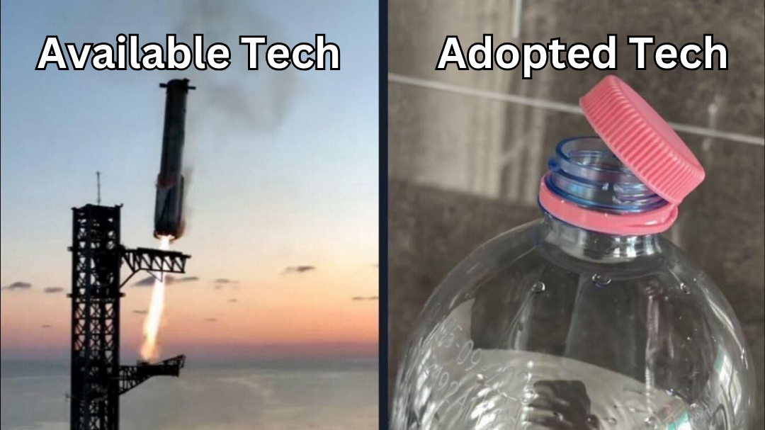 An image of a Elon Musks space rocket landing back on a tower verses a plastic bottle top that&amp;amp;#39;s attached to the bottle so it can&amp;amp;#39;t be thrown on the ground as litter