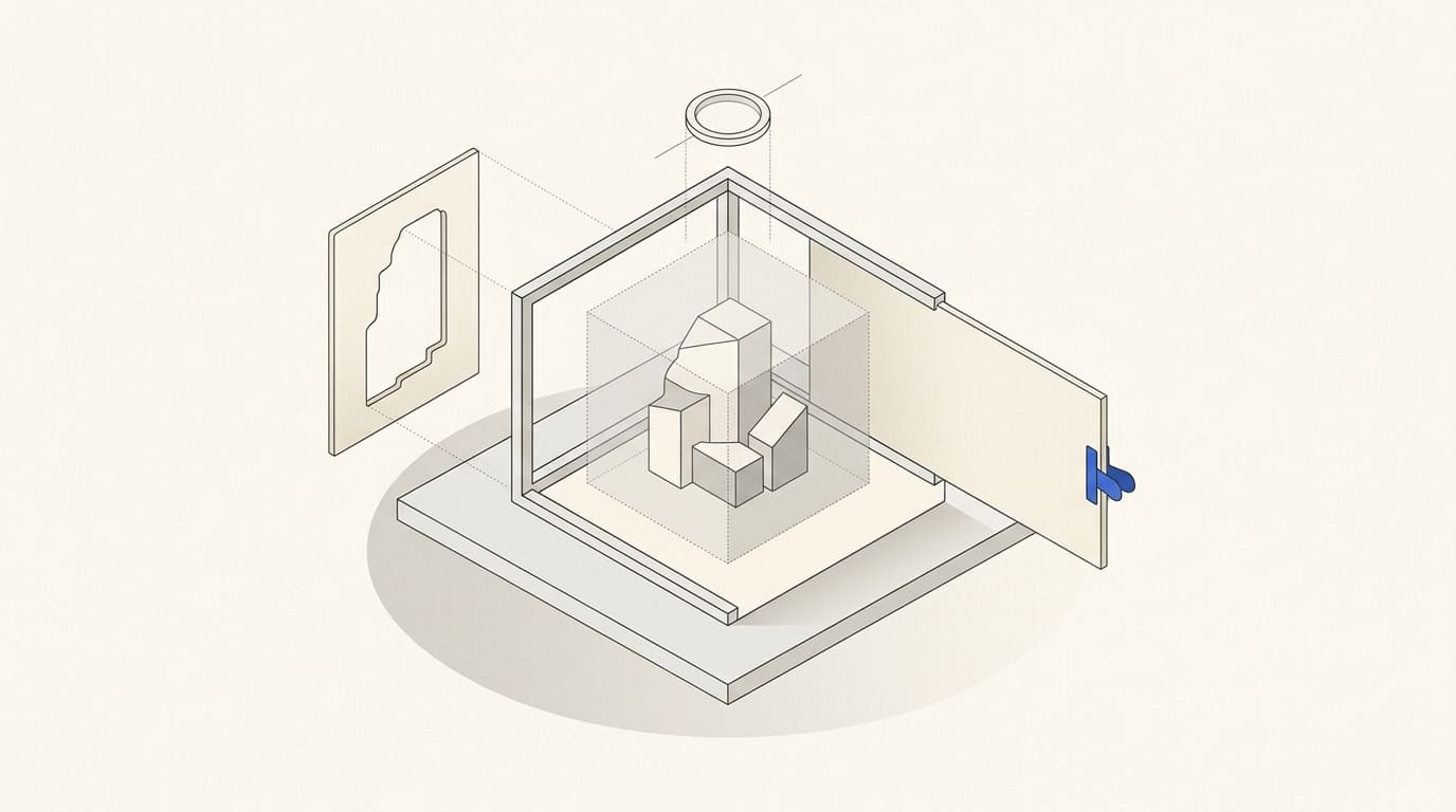 A product model in an editing frame with a replaceable background and an outline reference.