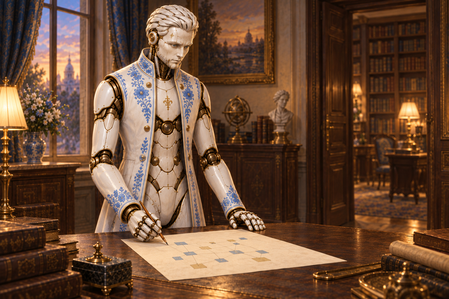 A2 in a white coat with blue Gzhel ornament studies a network drawing on a table, with an open library doorway behind him.