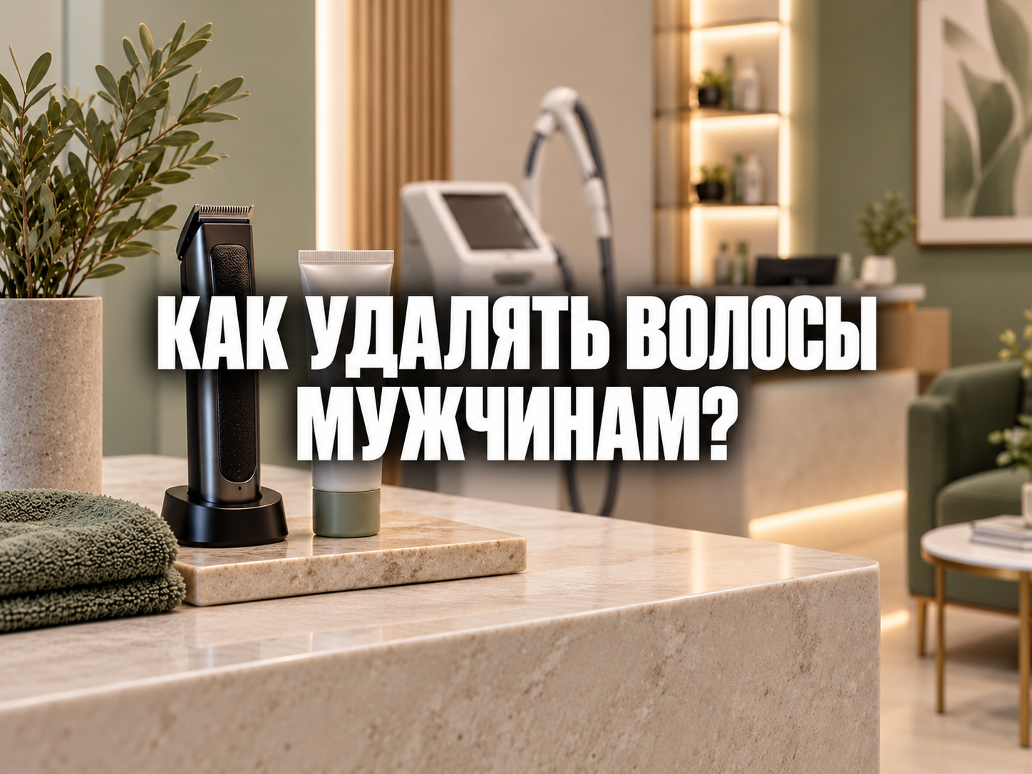 Триммер и средства ухода в кабинете косметологии с подписью «Удаление волос для мужчин»; по центру фраза «КАК УДАЛЯТЬ ВОЛОСЫ МУЖЧИНАМ?»