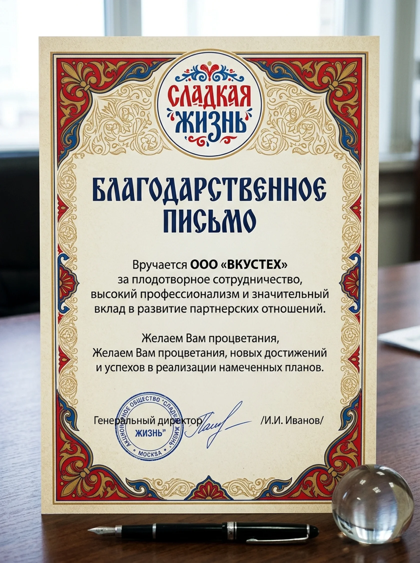 Благодарственное письмо от Сладкая Жизнь