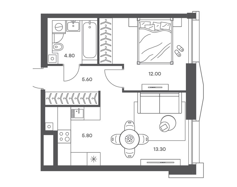 Планировка 2-комнатной квартиры 41,5 м² в ЖК «Инджой»: секция 6, 18-й этаж