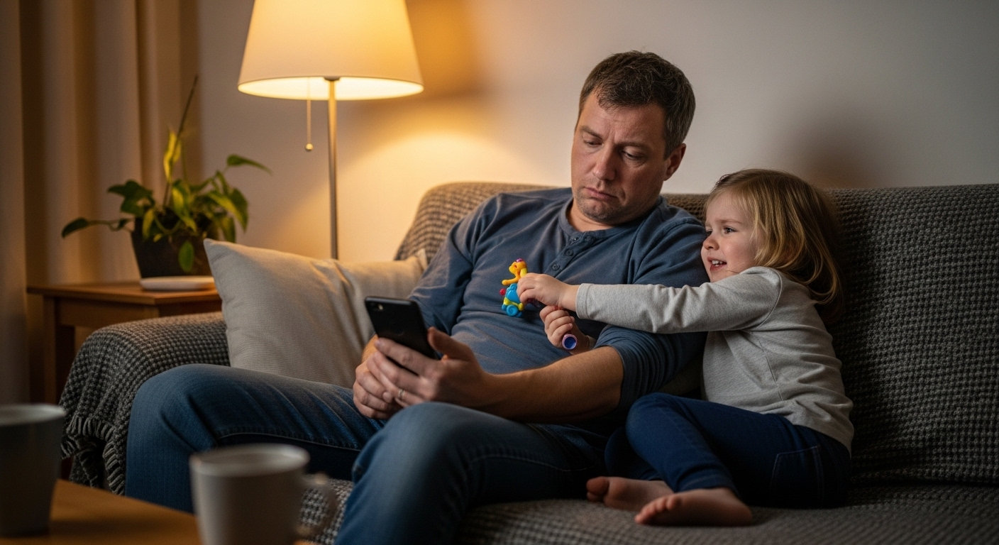 папа отвлёкся на телефон пока ребёнок тянет его за рукав чтобы привлечь внимание родителя