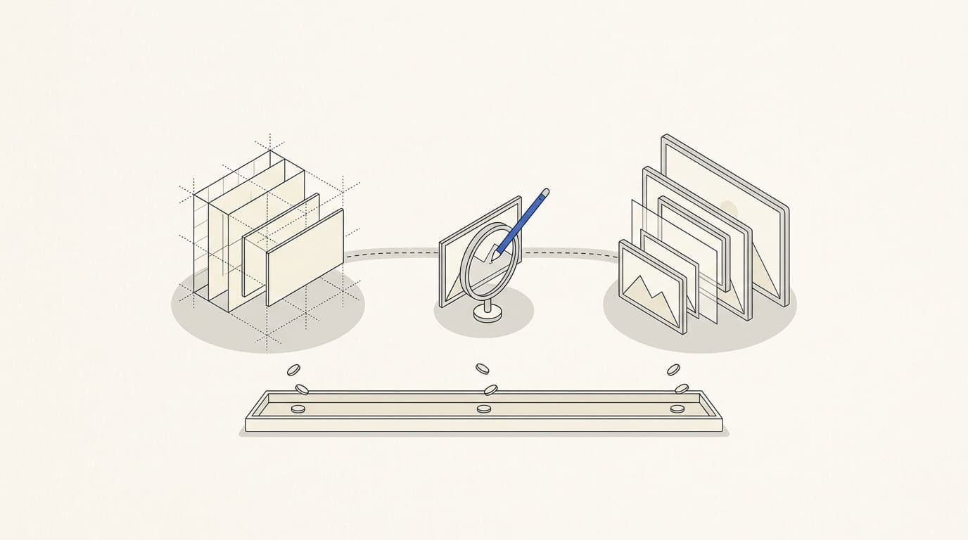 A product image passes through generation, retouching and format frames above a shared coin tray.