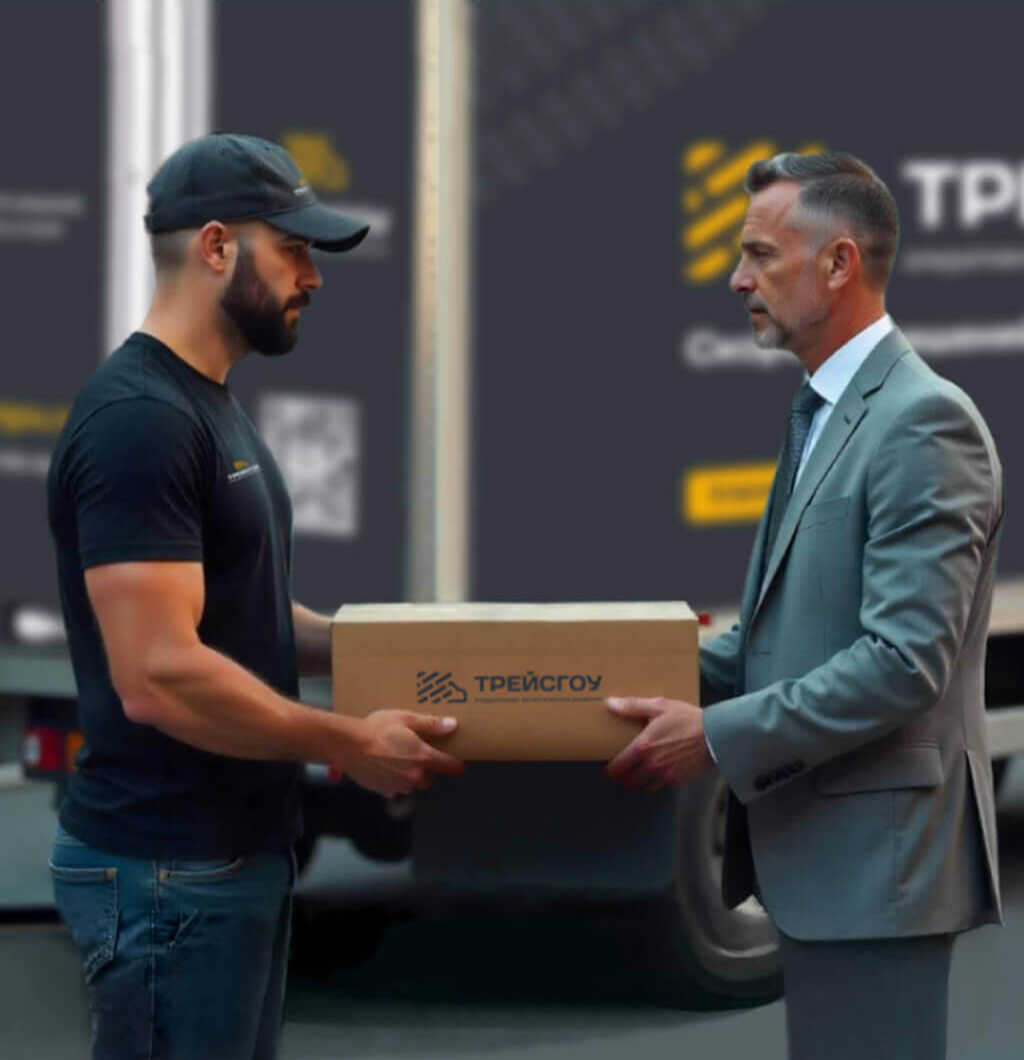 Передача груза в брендированной коробке клиенту у грузовика