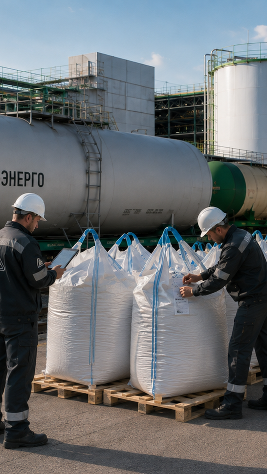 Рабочие проверяют упаковку с химической продукцией