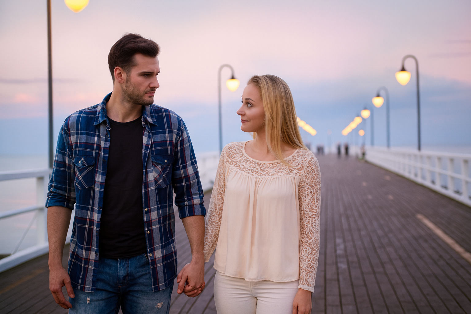 Молодая пара держится за руки на набережной — символ серьёзных отношений и подготовки к браку