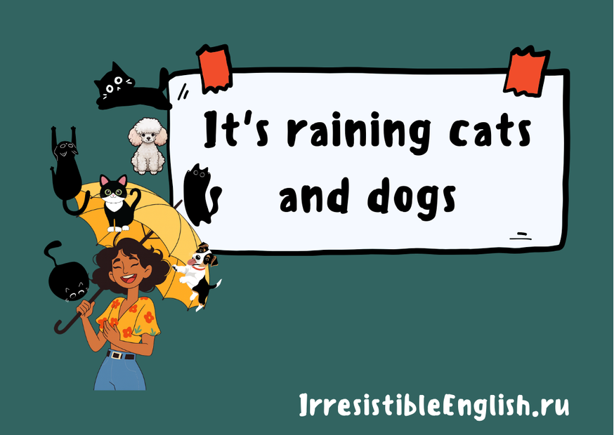 Иллюстрация улыбающейся девушки с жёлтым зонтом, вокруг которой буквально падают кошки и собаки. На фоне большой белый плакат с надписью «It's raining cats and dogs».