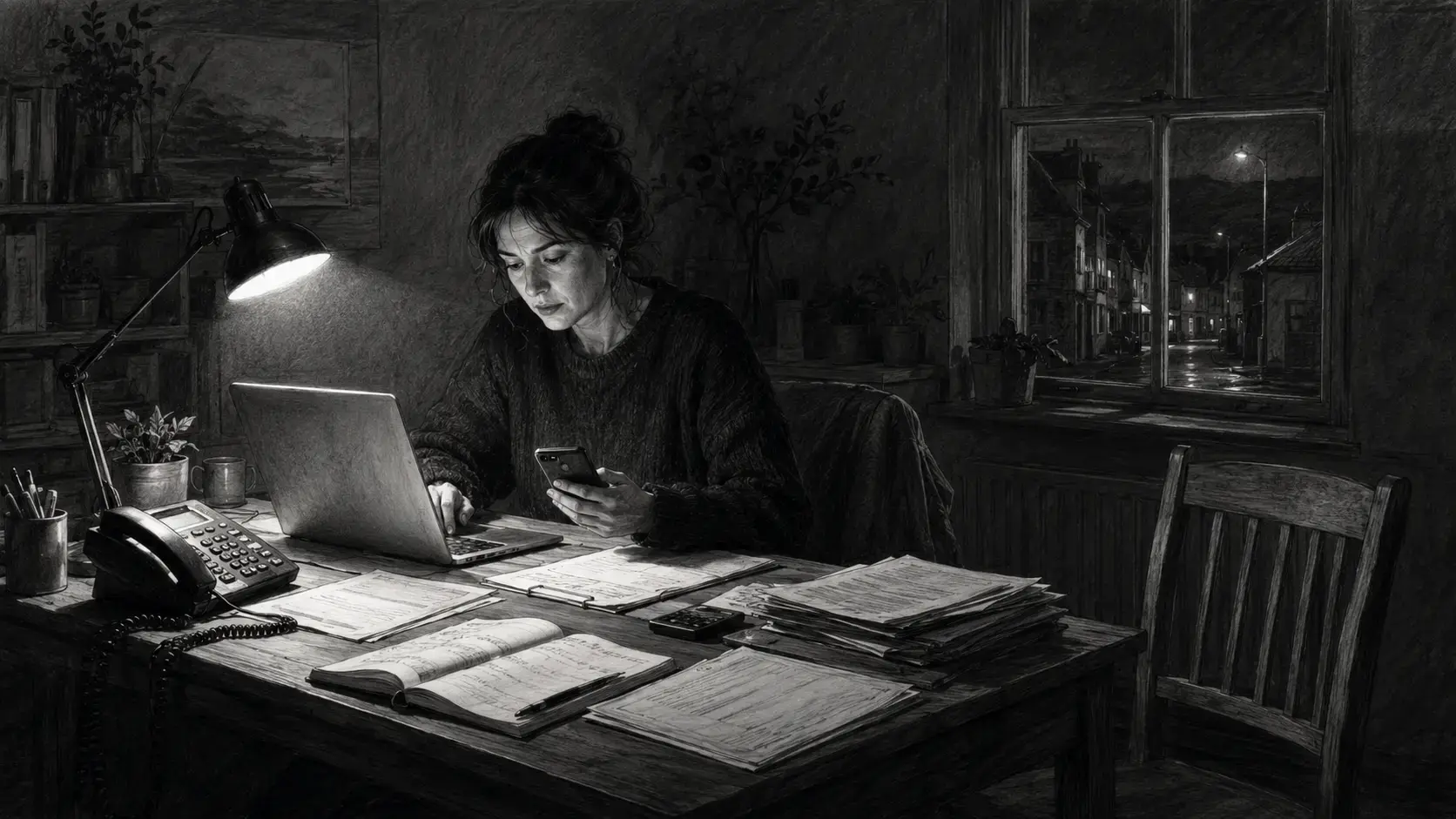Black-and-white book illustration of a woman managing customer calls paperwork and her business alone after closing time.