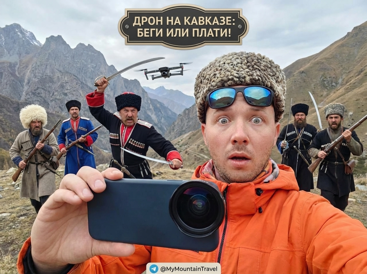 Дрон с камерой летит над горным хребтом Кавказа