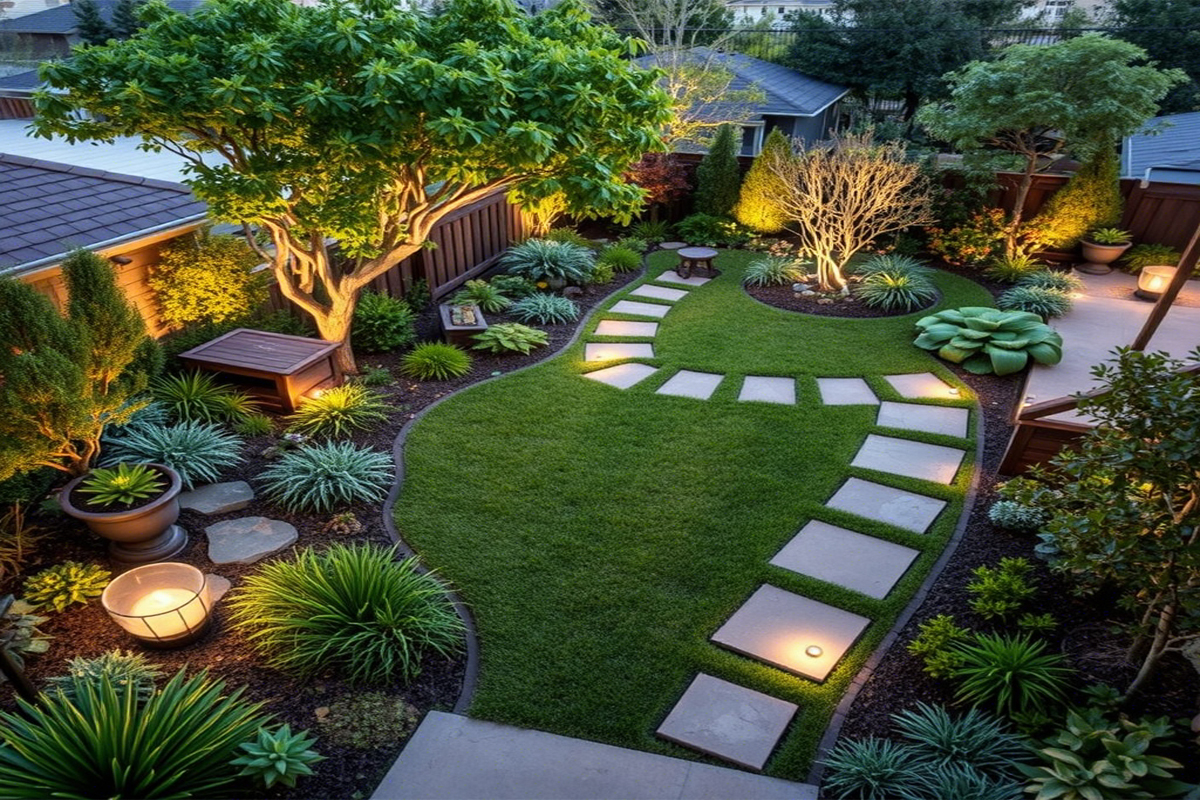 Освещенные садовые дорожки вечером в ухоженном ландшафте