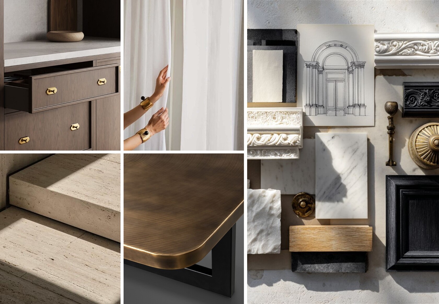 Подпорка материалов в эстетике тихой роскоши: металл, дерево, лепнина, травертин и натуральные ткани