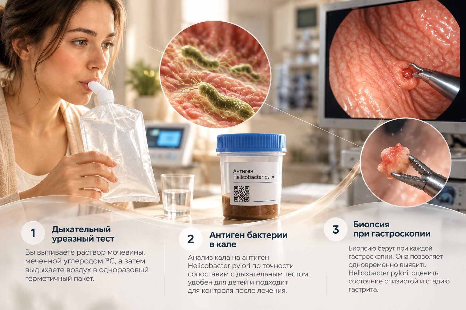 Три теста на Helicobacter pylori: дыхательный уреазный тест, антиген в кале, биопсия при гастроскопии