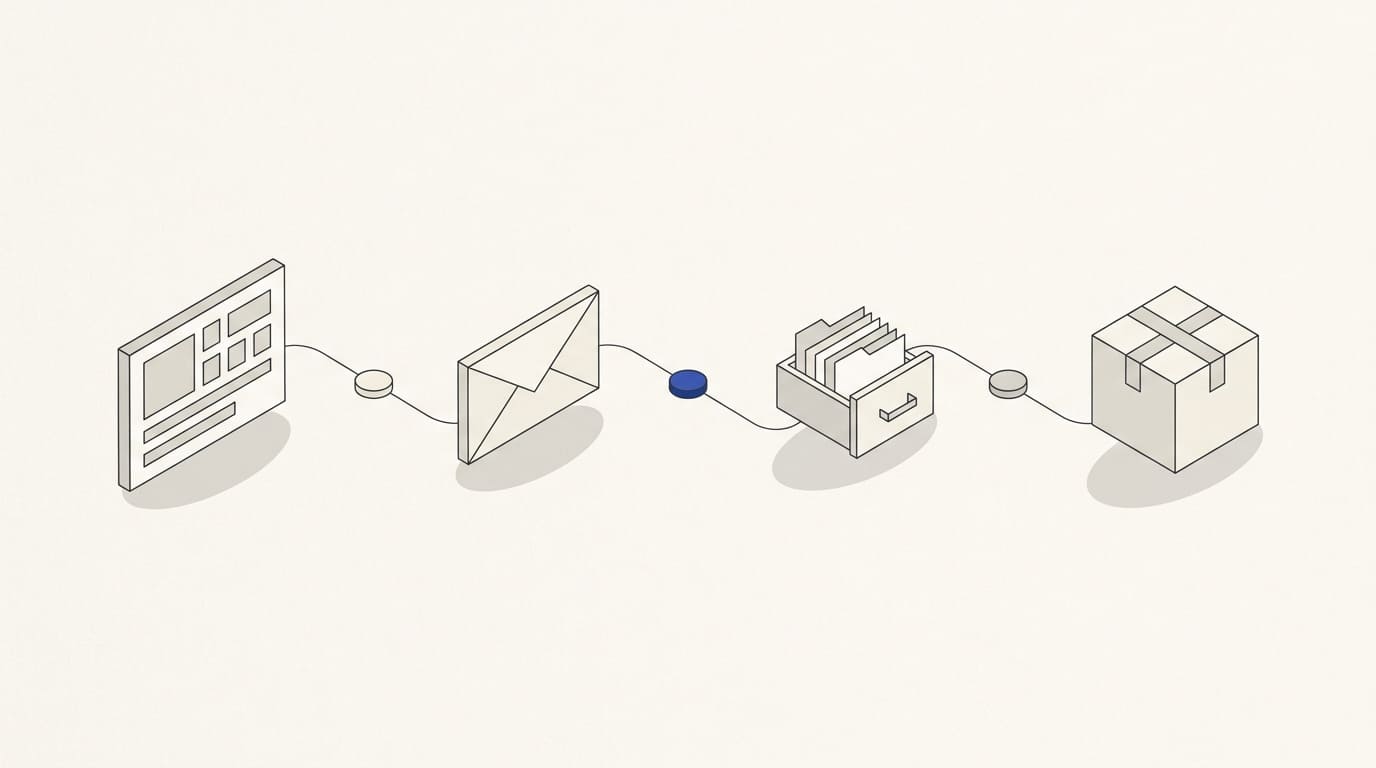 An ad, enquiry envelope, CRM drawer and order parcel linked by a chain with matching connectors.